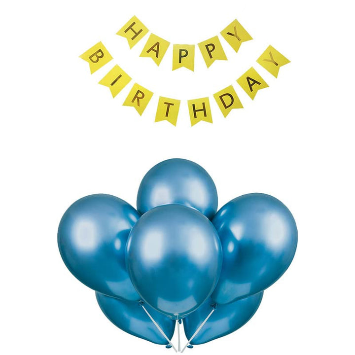 Yellow Happy Birthday Banner And Blue Metallic Balloons