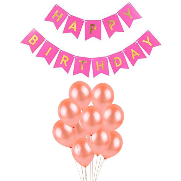 Dark Pink Happy Birthday Banner And Rose Gold Metallic Balloons (Pack of 50)