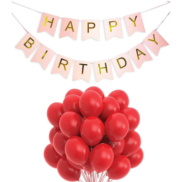 Pink Happy Birthday Banner & Red Metallic Balloons (Pack of 30)