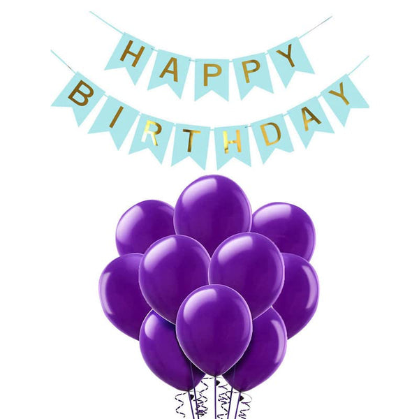 Light Blue Happy Birthday Banner And Purple Metallic Balloons (Pack of 30)