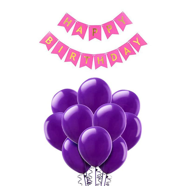 Dark Pink Happy Birthday Banner And Purple Metallic Balloons