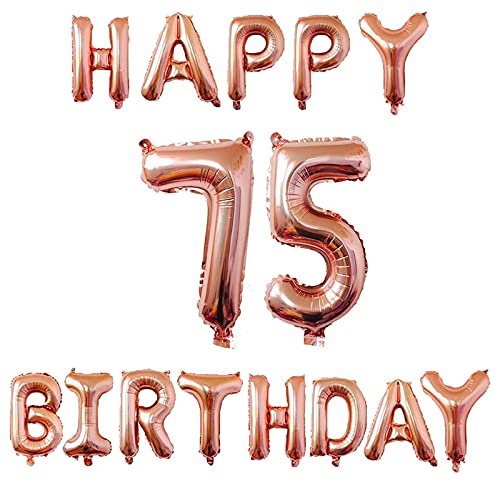 16 Inch 75th Happy Birthday Alphabets & 32 Inch 75 Number Rosegold Foil Balloon
