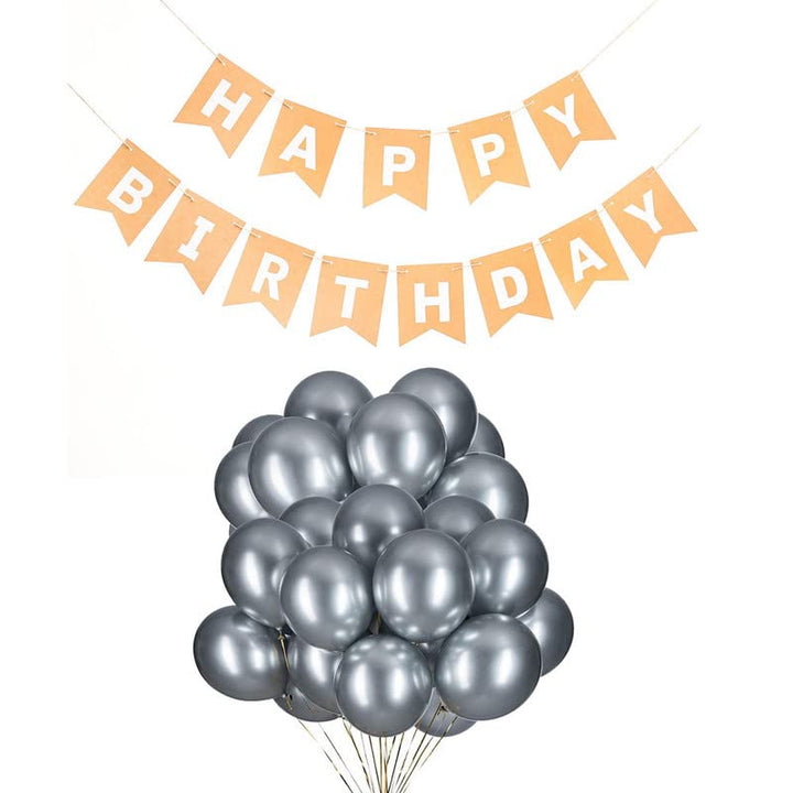Peach Happy Birthday Banner And Silver Metallic Balloons (Pack of 50)
