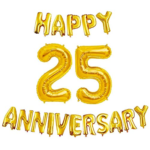 16 Inch 25th Happy Anniversary Alphabets & 32 Inch 25 Number Gold Foil Balloon