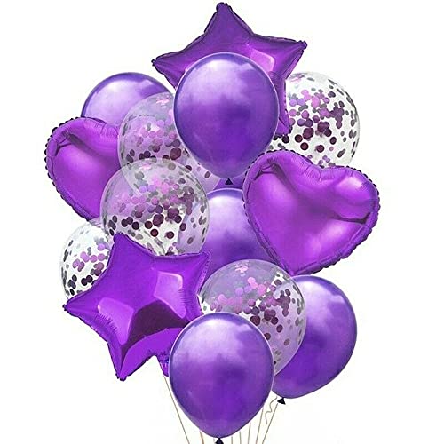Purple Confetti Balloons 10 Pcs Set. (4 Pc Metallic Balloons And 3 Pc Confetti Balloons ,1 Heart Foil Balloon And 2 Pc Star Balloon)