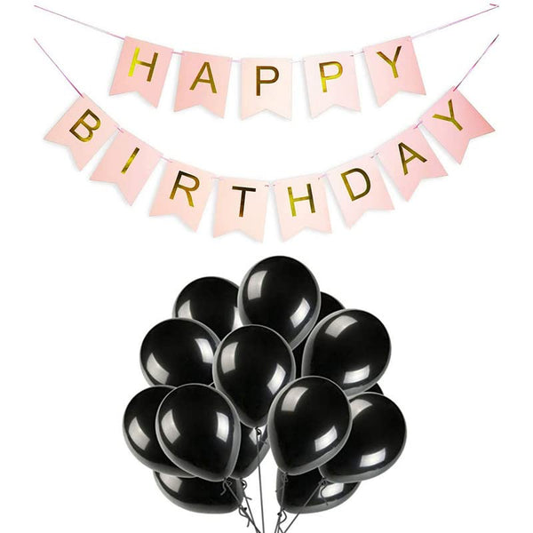 Pink Happy Birthday Banner And Black Metallic Balloons (Pack of 50)