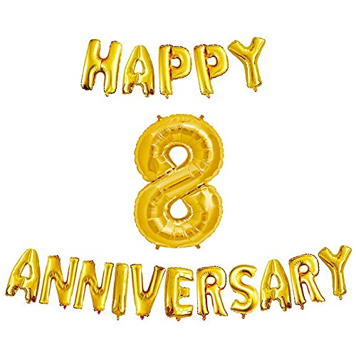 16 Inch 8th Happy Anniversary Alphabets & 32 Inch 8 Number Gold Foil Balloon
