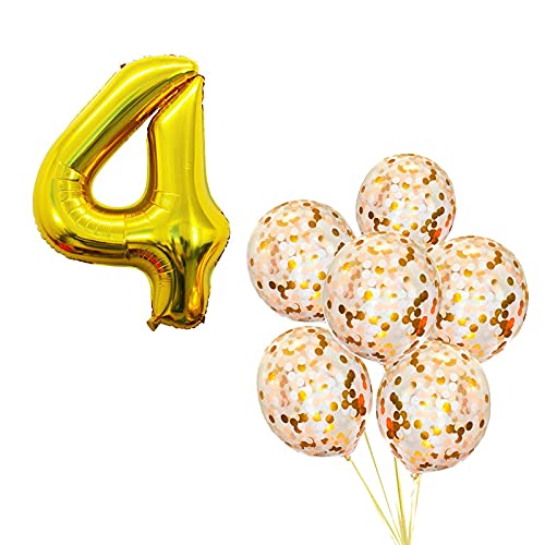 16 Inch Number 4  Gold Foil Balloon With 5 Pcs Confetti Balloons