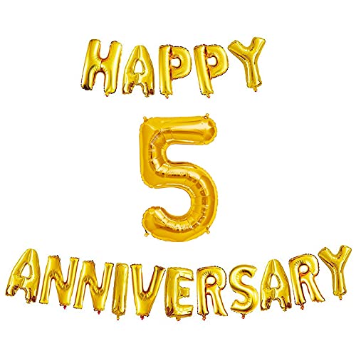 16 Inch 5th Happy Anniversary Alphabets & 32 Inch 5 Number Gold Foil Balloon