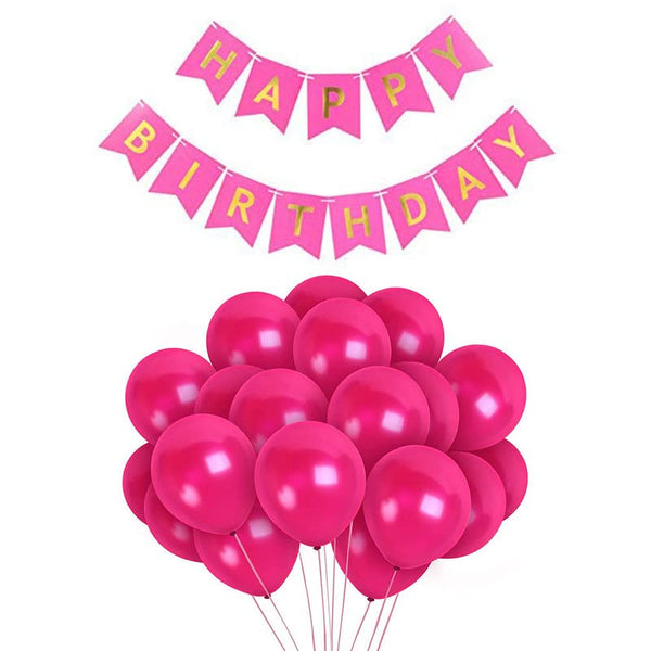 Dark Pink Happy Birthday Banner And Pink Metallic Balloons