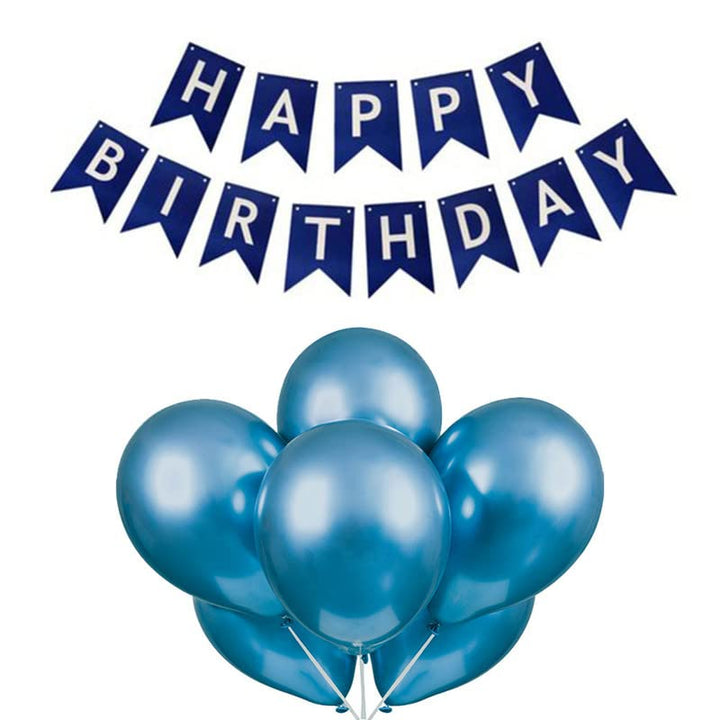 Dark Blue Happy Birthday Banner And Blue Metallic Balloons