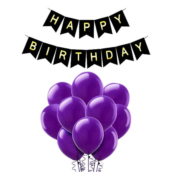 Black Happy Birthday Banner And Purple Metallic Balloons