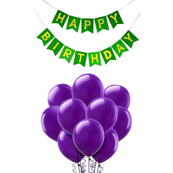 Dark Green Happy Birthday Banner And Purple Metallic Balloons
