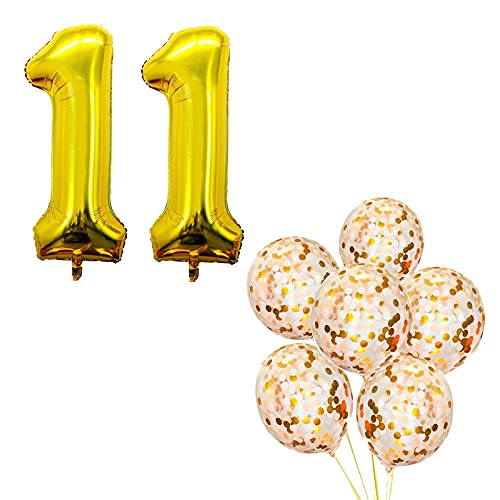 16 Inch Number 11  Gold Foil Balloon With 5 Pcs Confetti Balloons