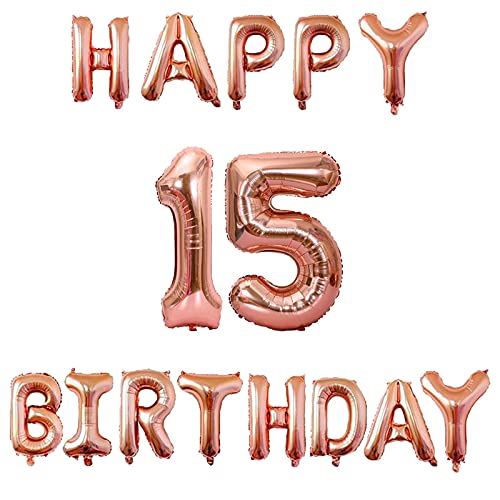16 Inch 15th Happy Birthday Alphabets & 32 Inch 15 Number Rosegold Foil Balloon