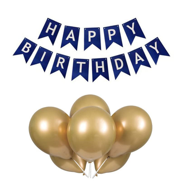 Dark Blue Happy Birthday Banner And Gold Metallic Balloons (Pack of 30)