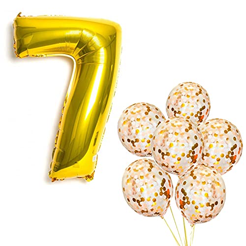 32 Inch Number 7  Gold Foil Balloon With 20 Pcs Confetti Balloons