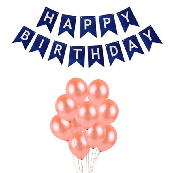 Dark Blue Happy Birthday Banner And Rose Gold Metallic Balloons (Pack of 30)