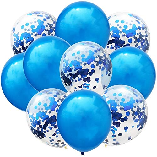 Blue Color And Clear Confetti Shining Metallic Latex Glitter Balloons Set (Pack of 10)