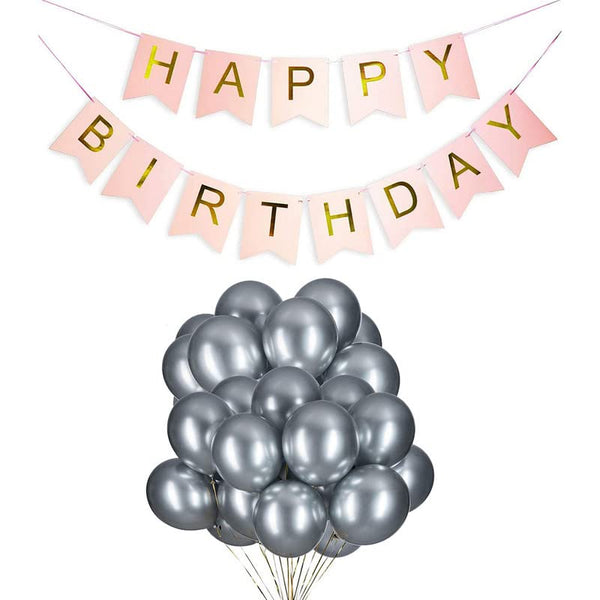 Pink Happy Birthday Banner And Silver Metallic Balloons (Pack of 50)
