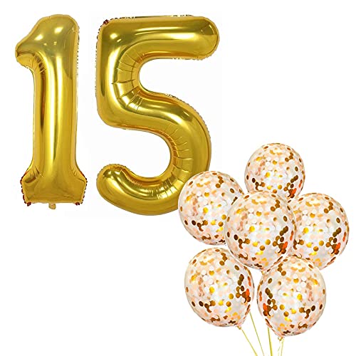 32 Inch Number 15  Gold Foil Balloon With Confetti Balloons