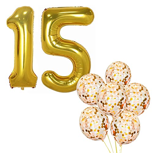 32 Inch Number 15  Gold Foil Balloon With Confetti Balloons