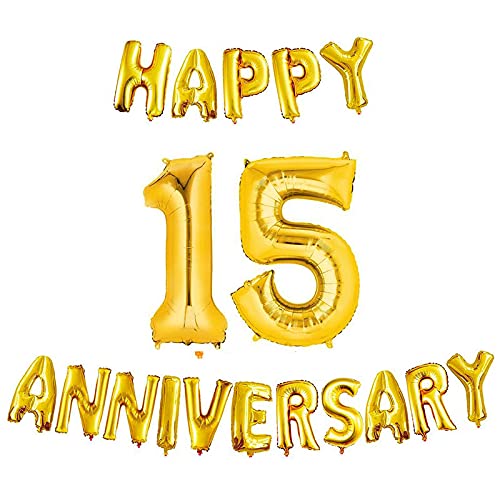 16 Inch 15th Happy Anniversary Alphabets & 32 Inch 15 Number Gold Foil Balloon