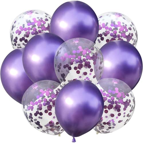 Purple Color And Clear Confetti Shining Metallic Latex Glitter Balloons Set (Pack of 10)
