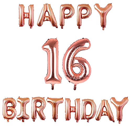 16 Inch 16th Happy Birthday Alphabets & 32 Inch 16 Number Rosegold Foil Balloon