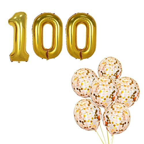 16 Inch Number 100  Gold Foil Balloon With 5 Pcs Confetti Balloons