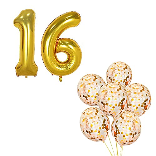 16 Inch Number 16  Gold Foil Balloon With 5 Pcs Confetti Balloons