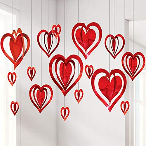 Red Valentine 3D Love Heart Shape Hanging Strip Decoration Kit (Pack of 16)