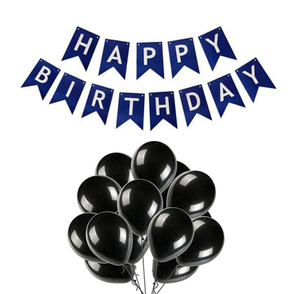 Dark Blue Happy Birthday Banner And Black Metallic Balloons