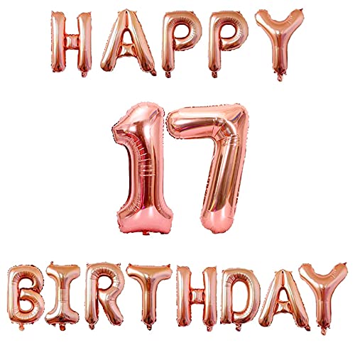 16 Inch 17th Happy Birthday Alphabets & 32 Inch 17 Number Rosegold Foil Balloon