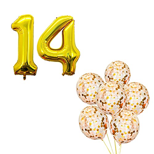 16 Inch Number 14  Gold Foil Balloon With Confetti Balloons