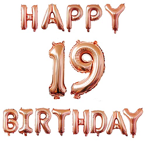 16 Inch 19th Happy Birthday Alphabets & 32 Inch 19 Number Rosegold Foil Balloon
