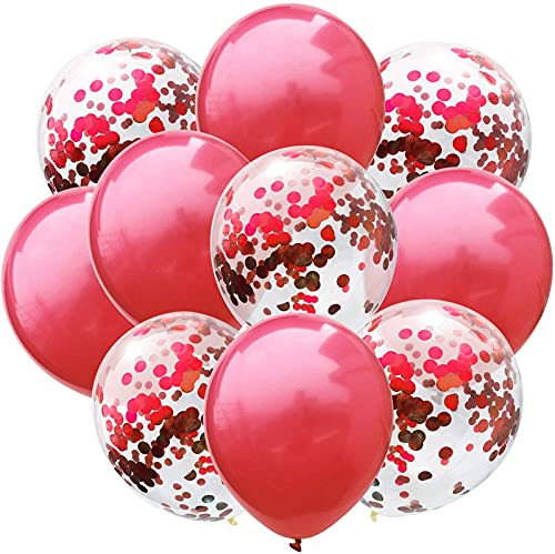 Red Color And Clear Confetti Shining Metallic Latex Glitter Balloons Set (Pack of 10)