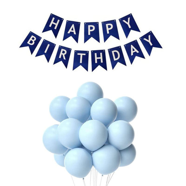 Dark Blue Happy Birthday Banner And Pastel Blue Metallic Balloons