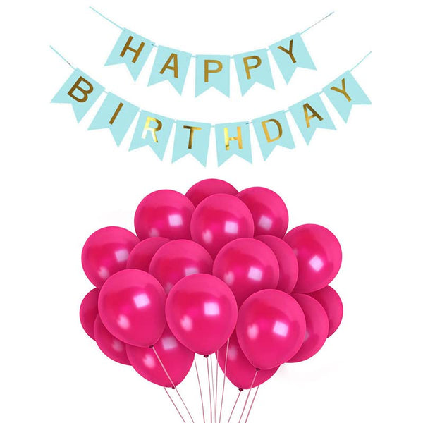 Light Blue Happy Birthday Banner And Pink Metallic Balloons (Pack of 30)