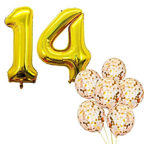 32 Inch Number 14  Gold Foil Balloon With Confetti Balloons