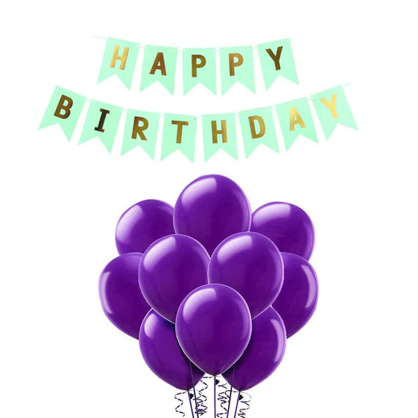 Pista Green Happy Birthday Banner And Purple Metallic Balloons (Pack of 30)