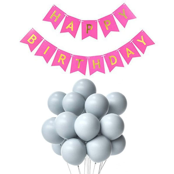 Dark Pink Happy Birthday Banner And Pastel Grey Metallic Balloons (Pack of 30)