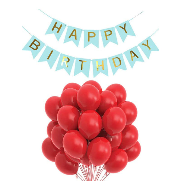 Light Blue Happy Birthday Banner And Red Metallic Balloons