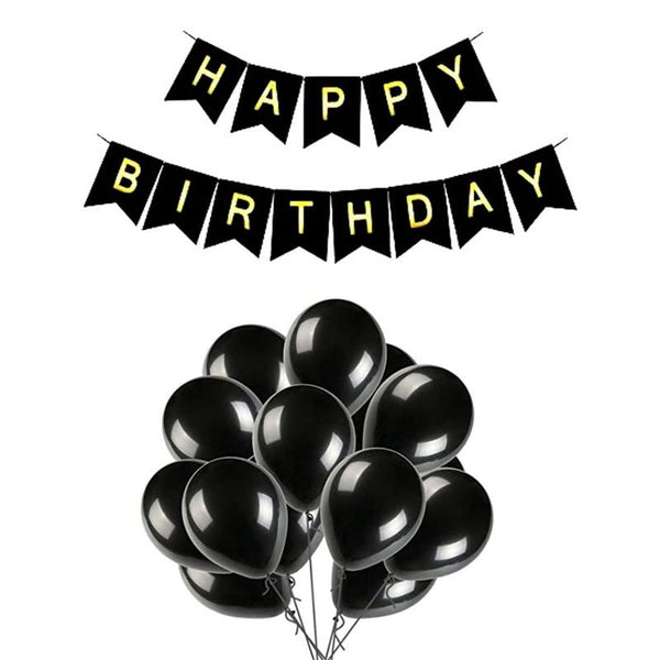 Black Happy Birthday Banner And Black Latex Metallic Balloons Combo (Pack of 30)