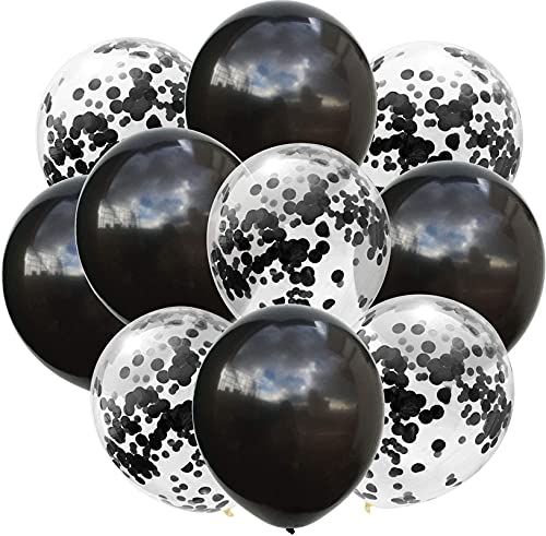 Black Color And Clear Confetti Shining Metallic Latex Glitter Balloons Set (Pack of 10)