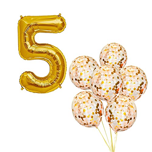 16 Inch Number 5  Gold Foil Balloon With 5 Pcs Confetti Balloons