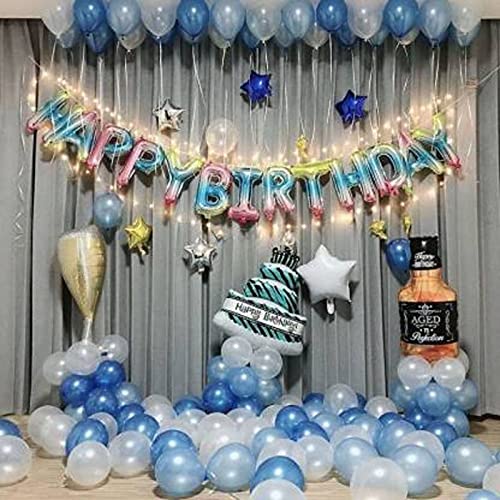 Multicolor Happy Birthday Party Decoration Pack With Blue And White Balloon, Star Balloon And Balloon Cake Bottle (Pack of 54)