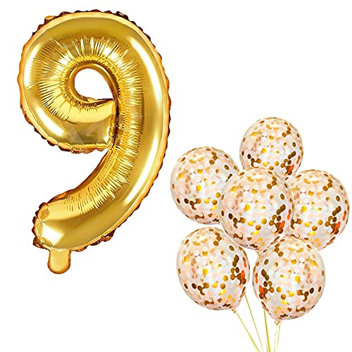 32 Inch Number 9  Gold Foil Balloon With Confetti Balloons