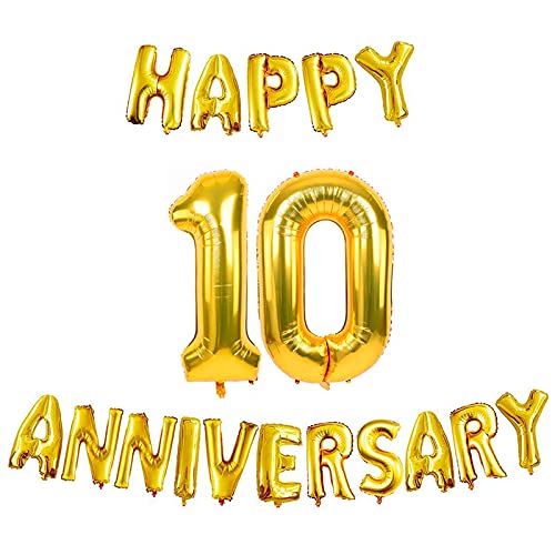 16 Inch 10th Happy Anniversary Alphabets & 32 Inch 10 Number Gold Foil Balloon