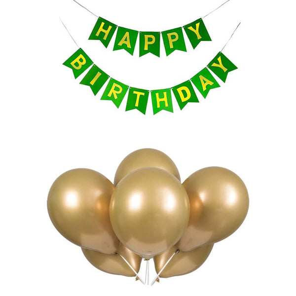 Dark Green Happy Birthday Banner And Gold Metallic Balloons